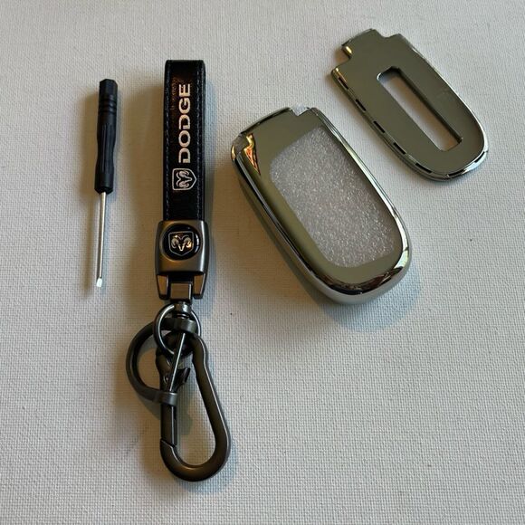 Dodge Logo key fob Keychain Black Leather and Key Fob Cover in Silver NWT - Picture 1 of 10